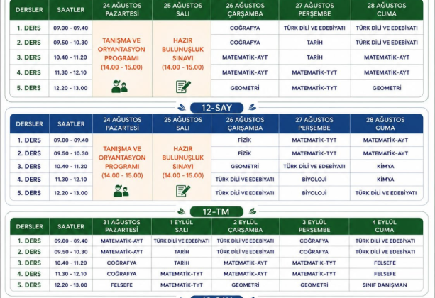 8. ve 12.Sınıflar Hızlandırma Ders Programları